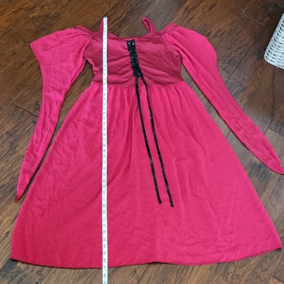 Renaissance Faire Gothic Vampire Red Dress Off-Shoulder Lace-up Dramatic Sleeves - Picture 7 of 15